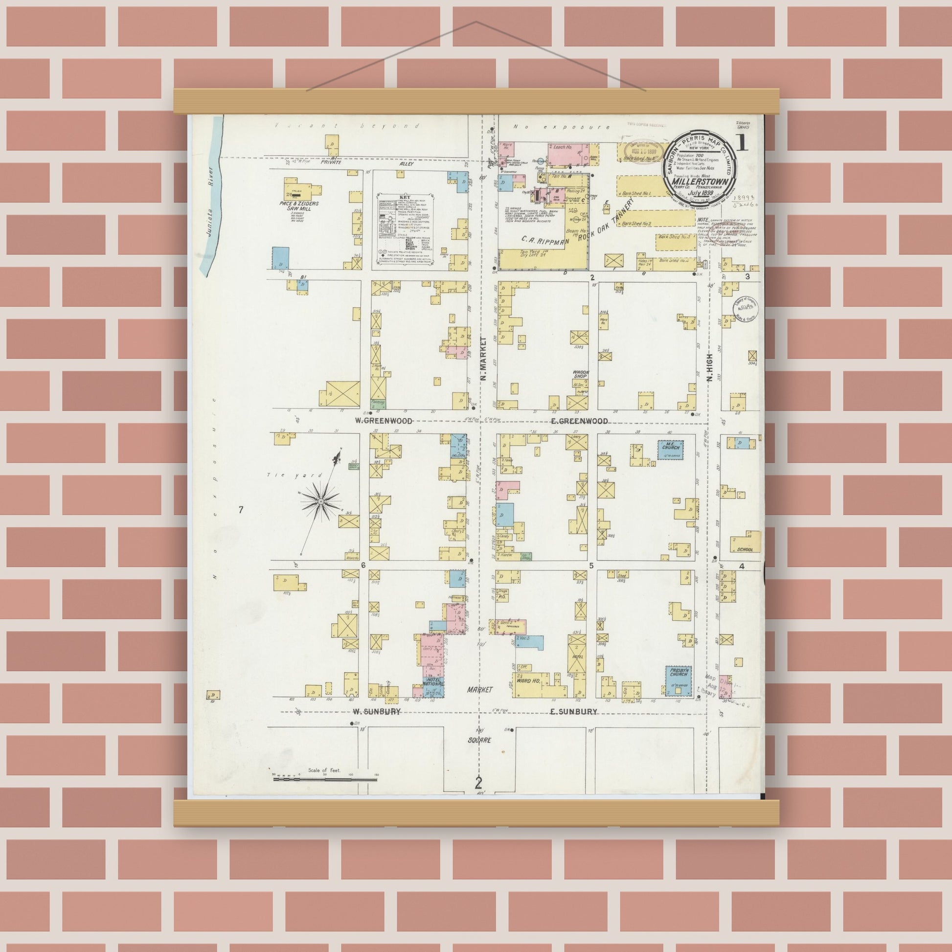 Old map wall art mockup — magnetic wood frame on brick wall — Sanborn Fire Insurance Map from Millerstown, Perry County, Pennsylvania (1899) - Complete Map Set