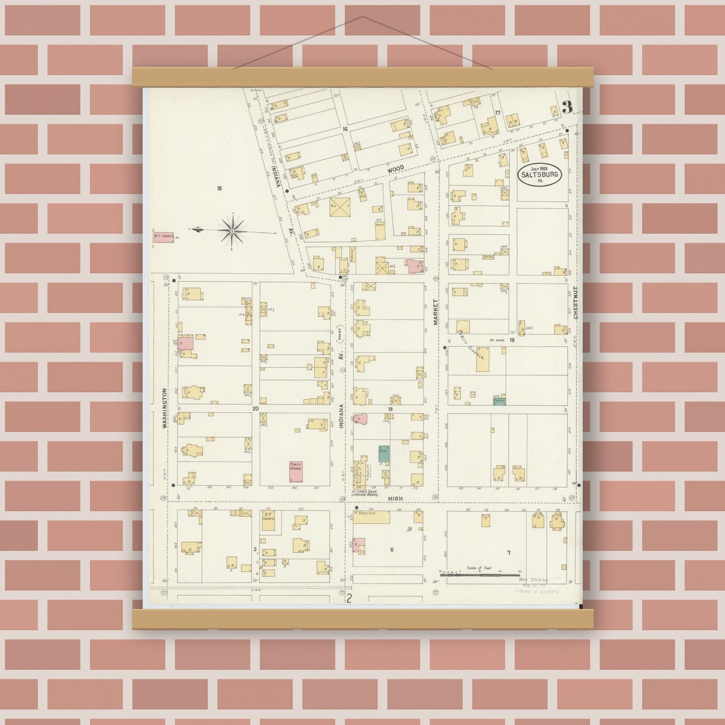 Old map wall art mockup — magnetic wood frame on brick wall — Sanborn Fire Insurance Map from Saltsburg, Indiana County, Pennsylvania (1903), Sheet #0003
