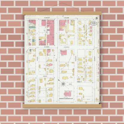 Old map wall art mockup — magnetic wood frame on brick wall — Sanborn Fire Insurance Map from Carmi, White County, Illinois (1906), Sheet #0003