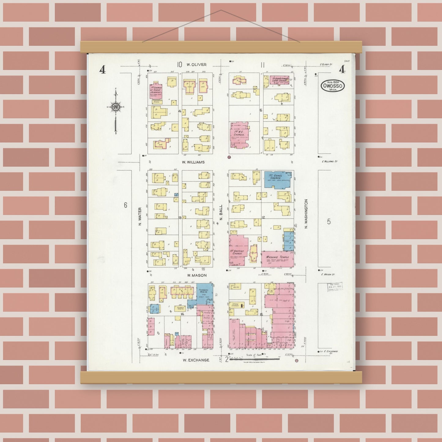 Old map wall art mockup — magnetic wood frame on brick wall — Sanborn Fire Insurance Map from Owosso, Shiawassee County, Michigan (1924), Sheet #0004