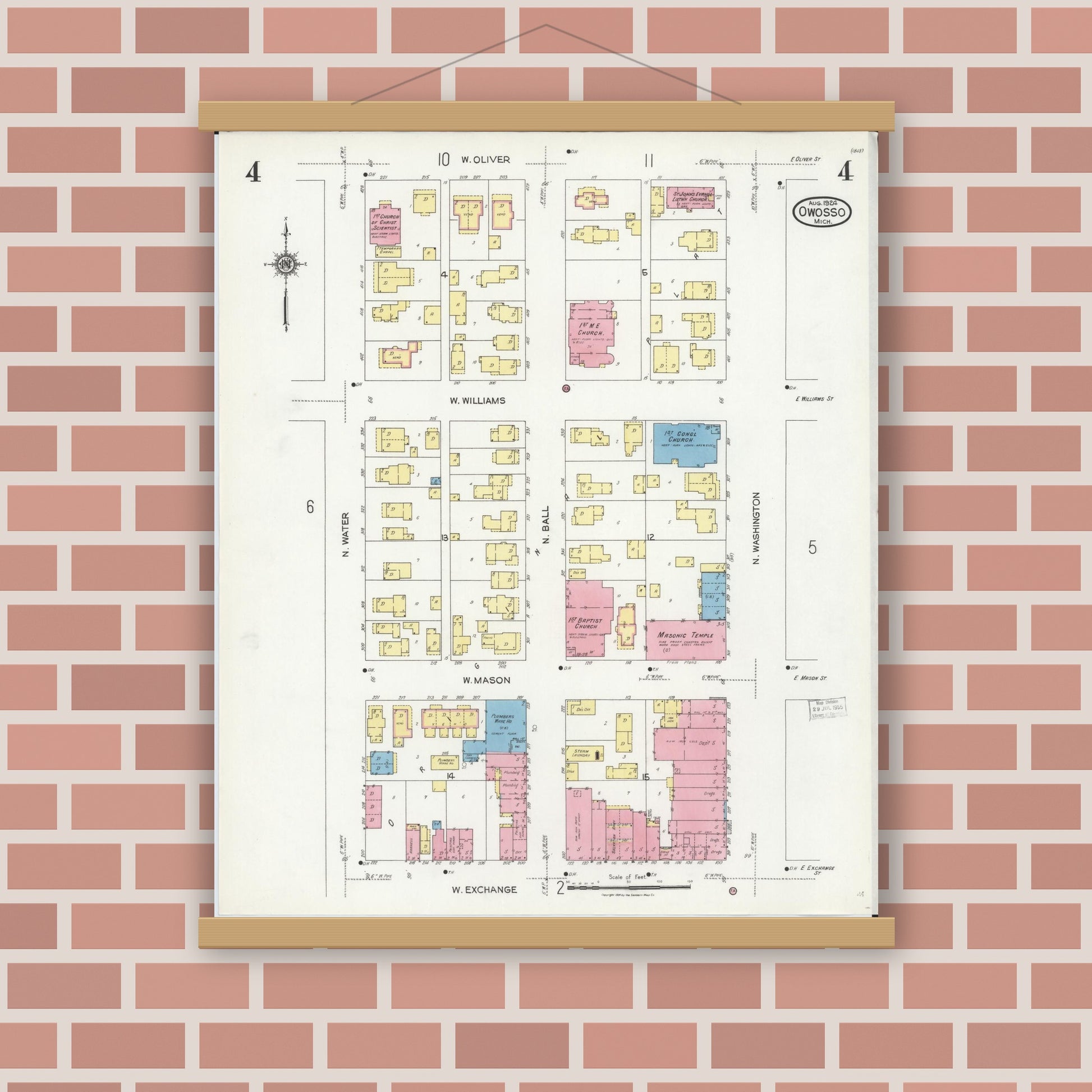 Old map wall art mockup — magnetic wood frame on brick wall — Sanborn Fire Insurance Map from Owosso, Shiawassee County, Michigan (1924), Sheet #0004