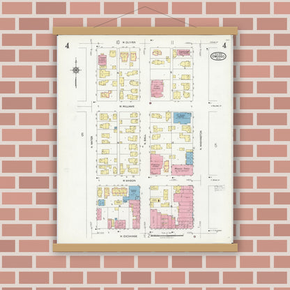 Old map wall art mockup — magnetic wood frame on brick wall — Sanborn Fire Insurance Map from Owosso, Shiawassee County, Michigan (1924), Sheet #0004