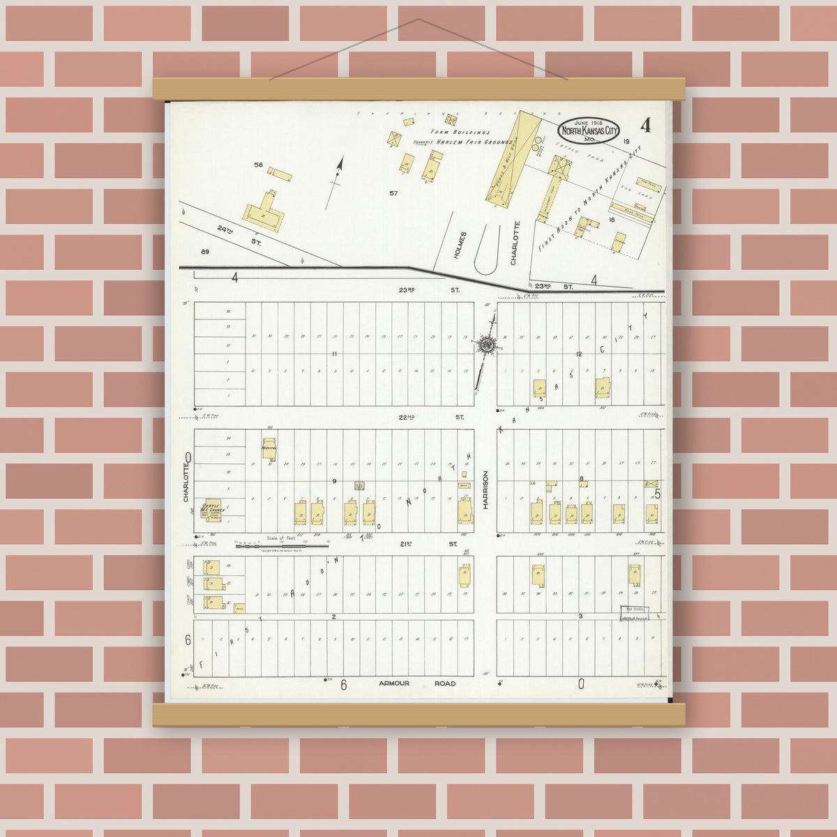 Old map wall art mockup — magnetic wood frame on brick wall — Sanborn Fire Insurance Map from North Kansas City, Clay County, Missouri (1918), Sheet #0004