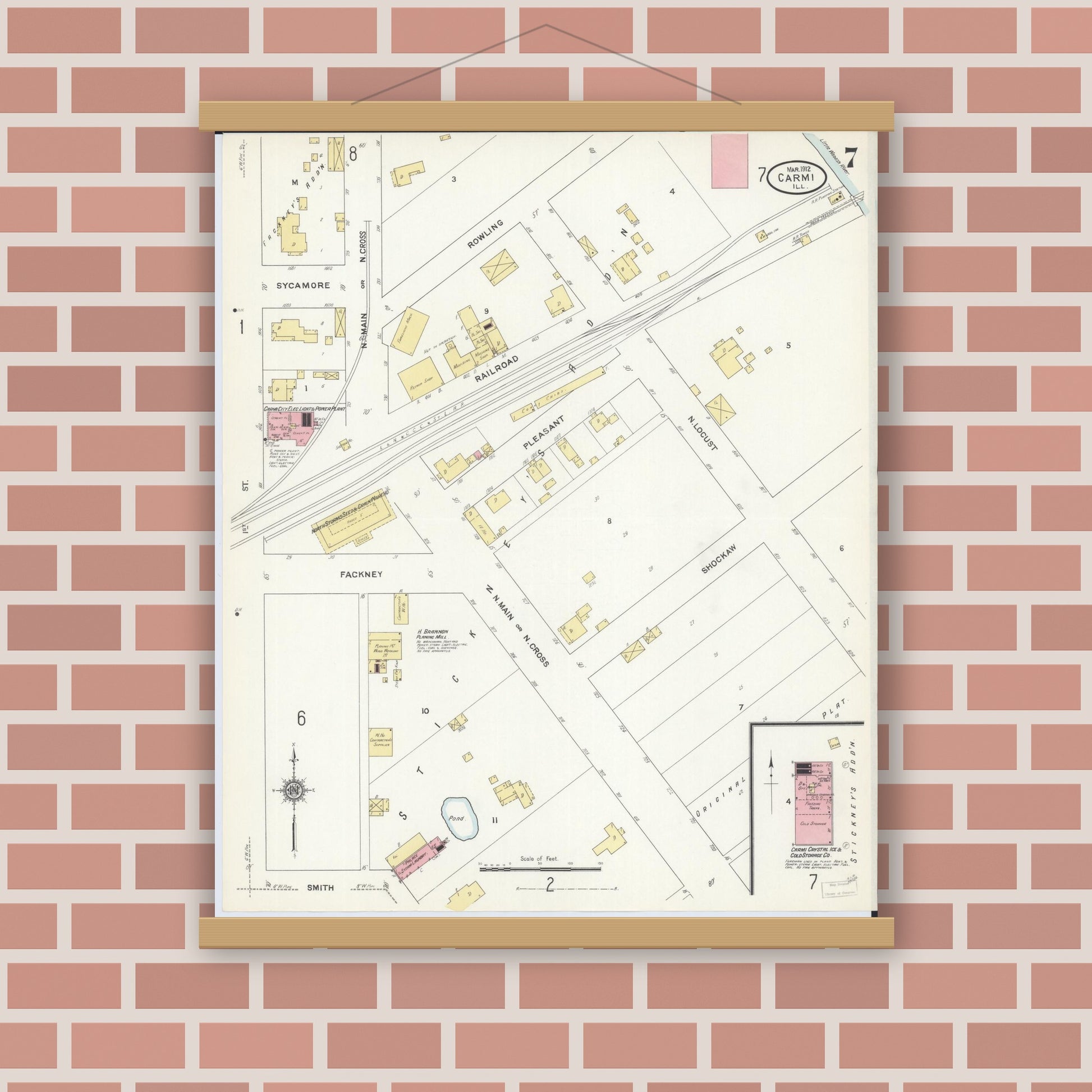 Old map wall art mockup — magnetic wood frame on brick wall — Sanborn Fire Insurance Map from Carmi, White County, Illinois (1912), Sheet #0007