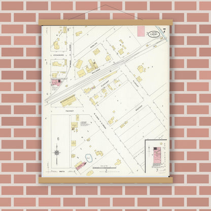 Old map wall art mockup — magnetic wood frame on brick wall — Sanborn Fire Insurance Map from Carmi, White County, Illinois (1912), Sheet #0007