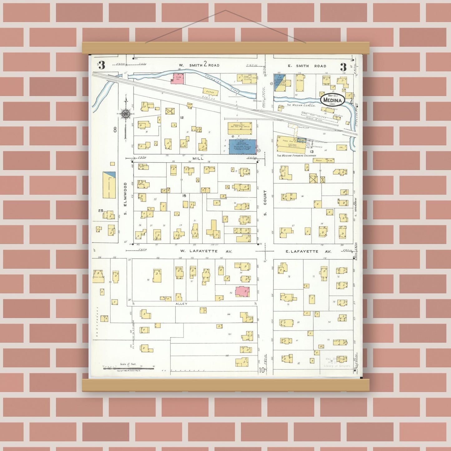 Old map wall art mockup — magnetic wood frame on brick wall — Sanborn Fire Insurance Map from Medina, Medina County, Ohio (1923), Sheet #0003