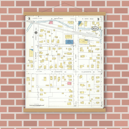 Old map wall art mockup — magnetic wood frame on brick wall — Sanborn Fire Insurance Map from Medina, Medina County, Ohio (1923), Sheet #0003