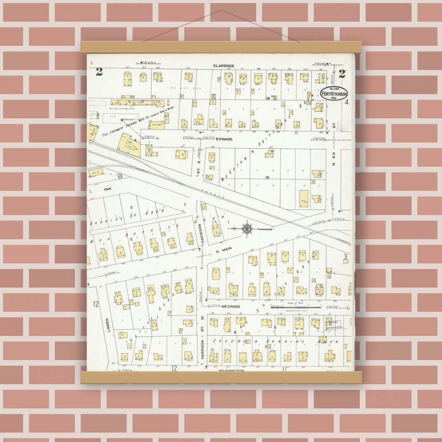 Old map wall art mockup — magnetic wood frame on brick wall — Sanborn Fire Insurance Map from Fort Atkinson, Jefferson County, Wisconsin (1924), Sheet #0002