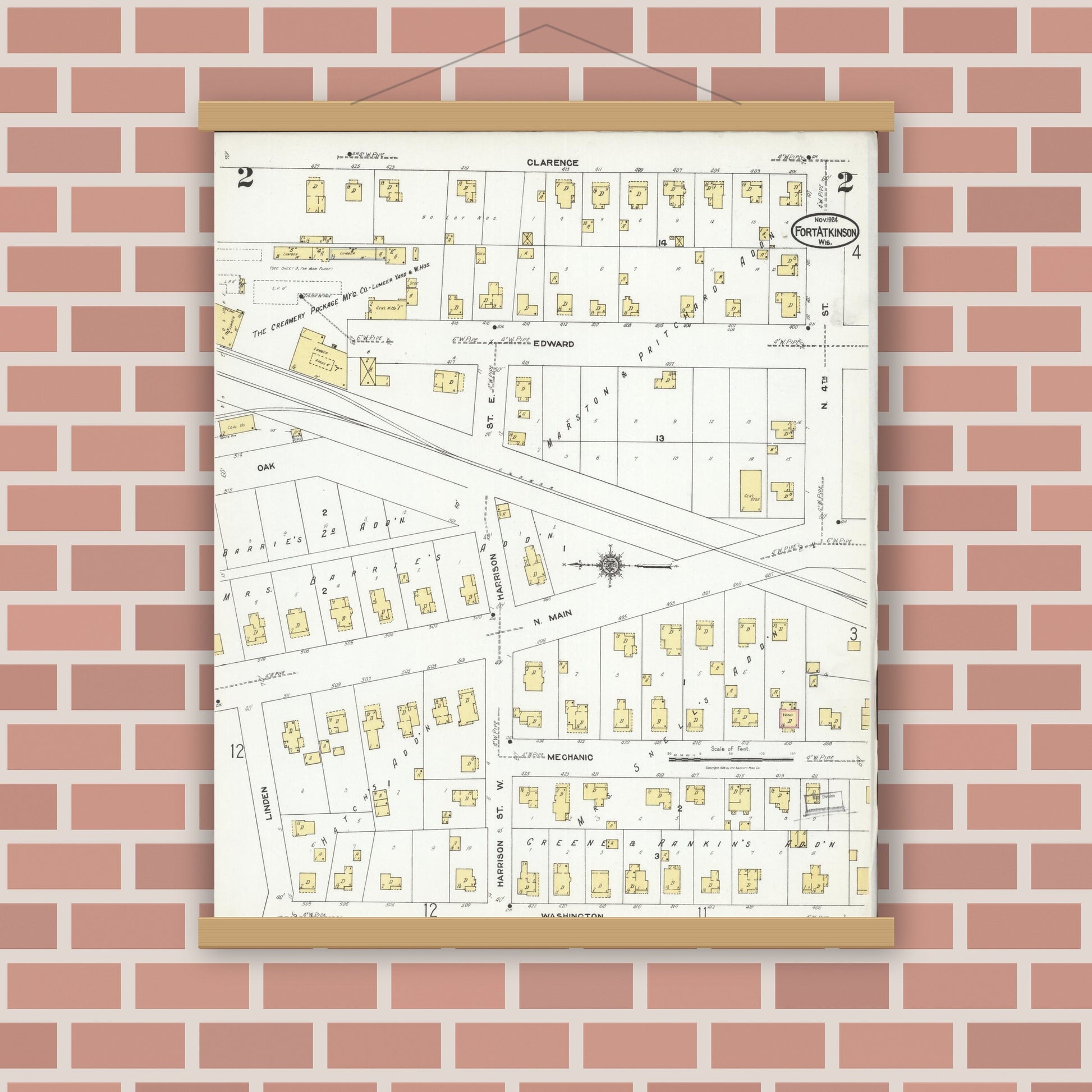 Old map wall art mockup — magnetic wood frame on brick wall — Sanborn Fire Insurance Map from Fort Atkinson, Jefferson County, Wisconsin (1924), Sheet #0002
