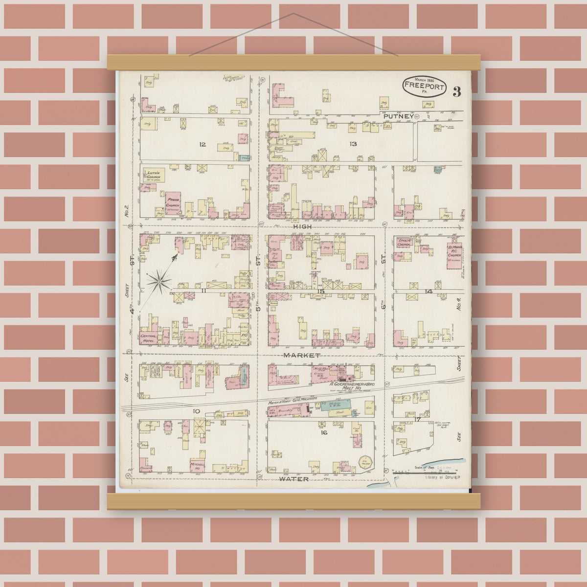 Old map wall art mockup — magnetic wood frame on brick wall — Sanborn Fire Insurance Map from Freeport, Armstrong County, Pennsylvania (1886), Sheet #0003