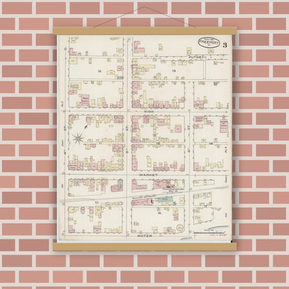 Old map wall art mockup — magnetic wood frame on brick wall — Sanborn Fire Insurance Map from Freeport, Armstrong County, Pennsylvania (1886), Sheet #0003