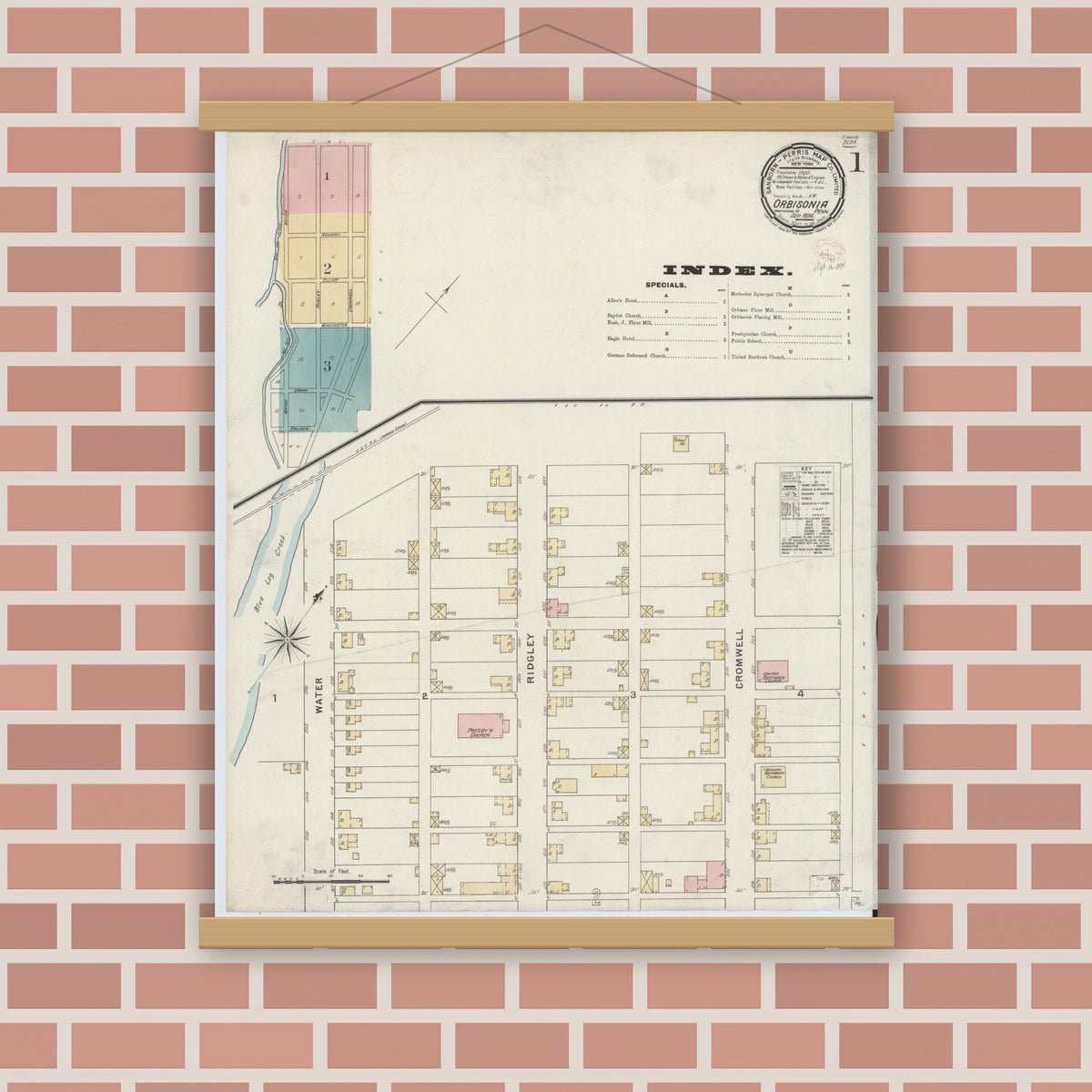 Old map wall art mockup — magnetic wood frame on brick wall — Sanborn Fire Insurance Map from Orbisonia, Huntingdon County, Pennsylvania (1894) - Complete Map Set
