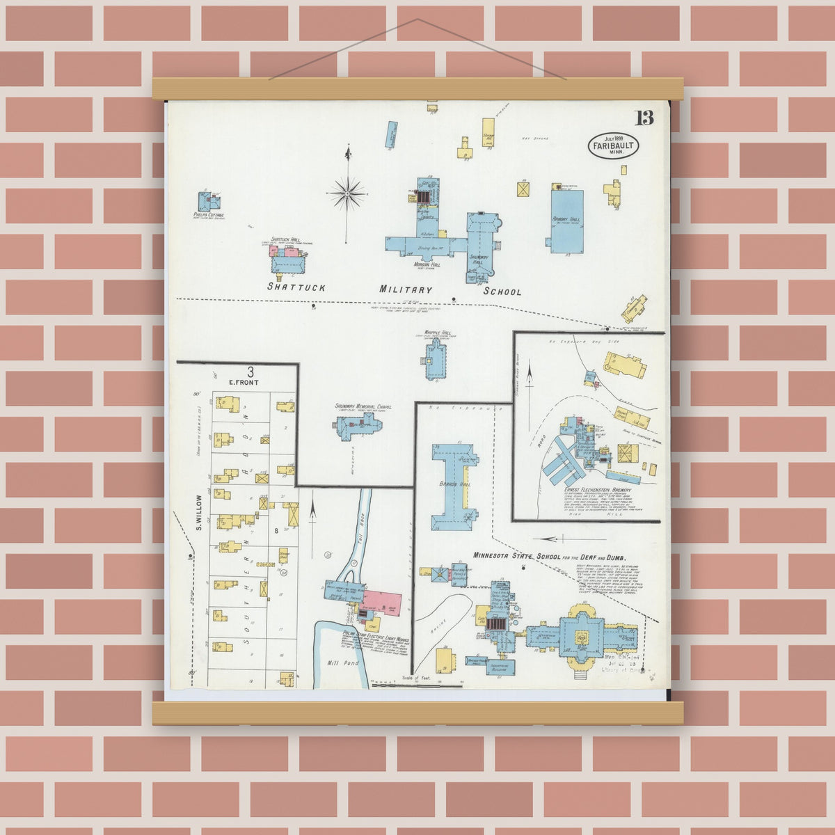 Old map wall art mockup — magnetic wood frame on brick wall — Sanborn Fire Insurance Map from Faribault, Rice County, Minnesota (1899), Sheet #0013