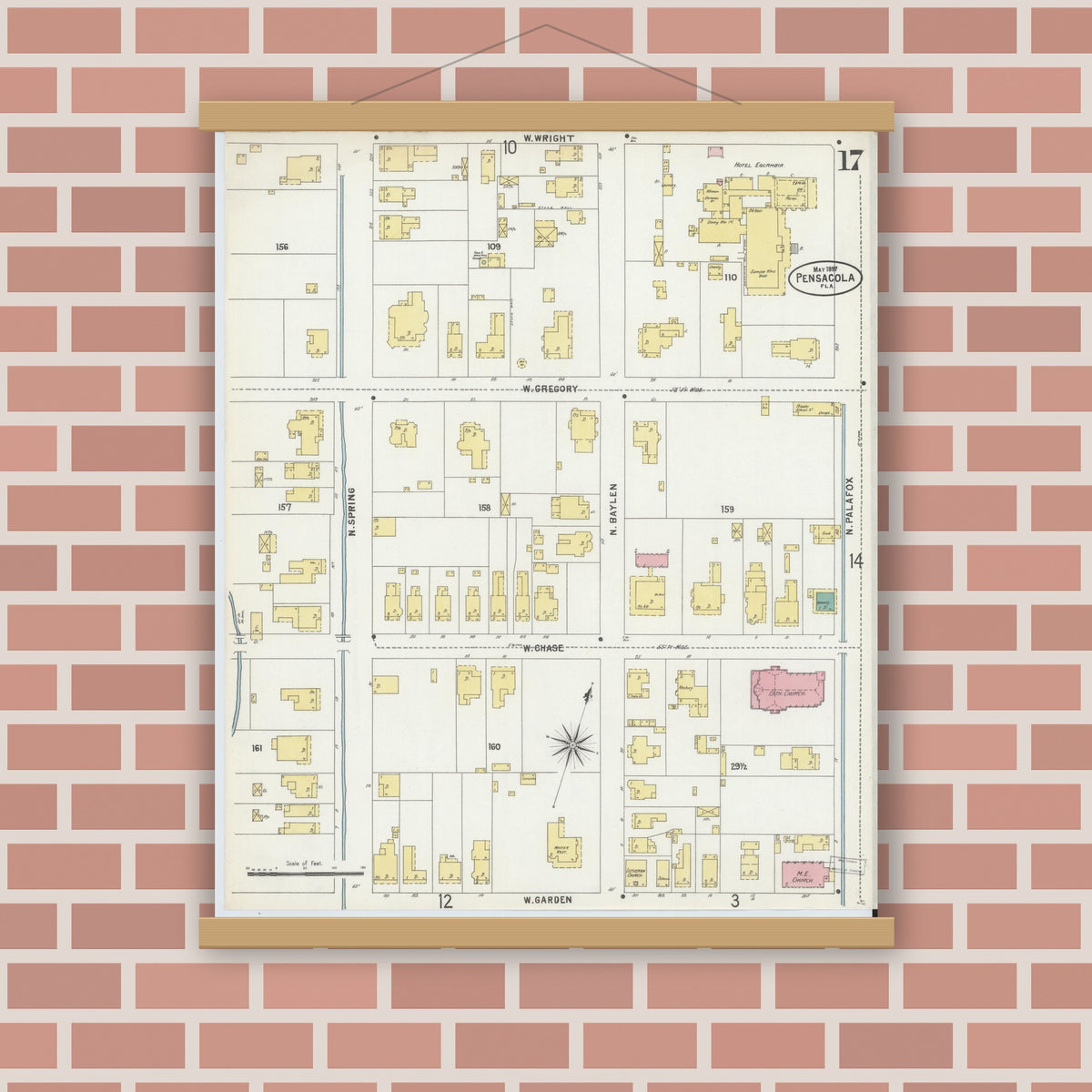 Old map wall art mockup — magnetic wood frame on brick wall — Sanborn Fire Insurance Map from Pensacola, Escambia County, Florida (1897), Sheet #0017