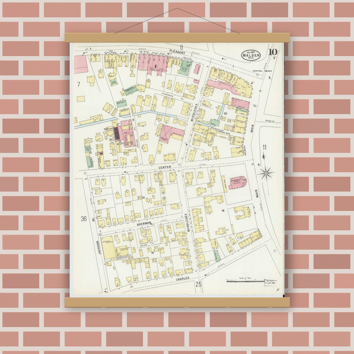 Old map wall art mockup — magnetic wood frame on brick wall — Sanborn Fire Insurance Map from Malden, Middlesex County, Massachusetts (1897), Sheet #0010