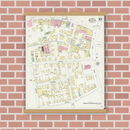 Old map wall art mockup — magnetic wood frame on brick wall — Sanborn Fire Insurance Map from Malden, Middlesex County, Massachusetts (1897), Sheet #0010