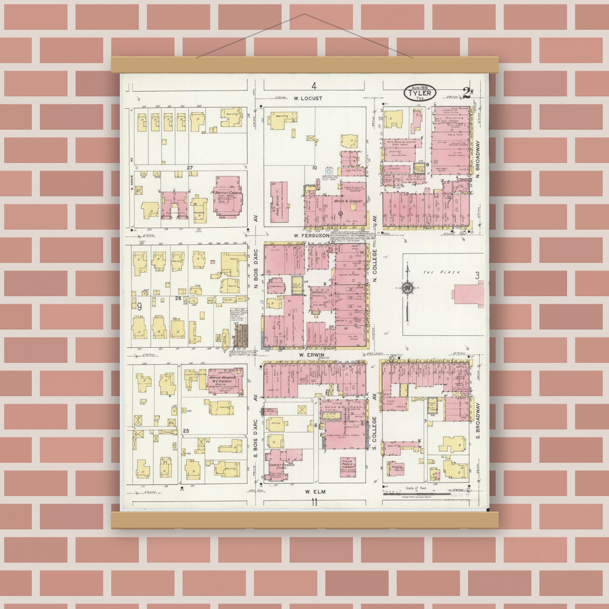 Old map wall art mockup — magnetic wood frame on brick wall — Sanborn Fire Insurance Map from Tyler, Smith County, Texas (1919), Sheet #0002