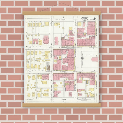 Old map wall art mockup — magnetic wood frame on brick wall — Sanborn Fire Insurance Map from Tyler, Smith County, Texas (1919), Sheet #0002