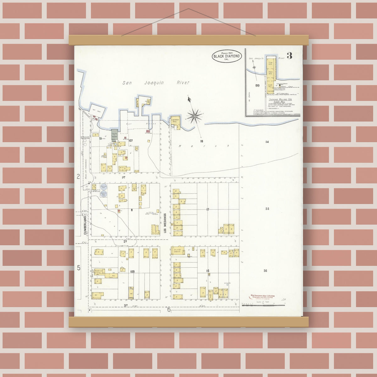 Old map wall art mockup — magnetic wood frame on brick wall — Sanborn Fire Insurance Map from Black Diamond, Contra Costa, California (1907), Sheet #0003