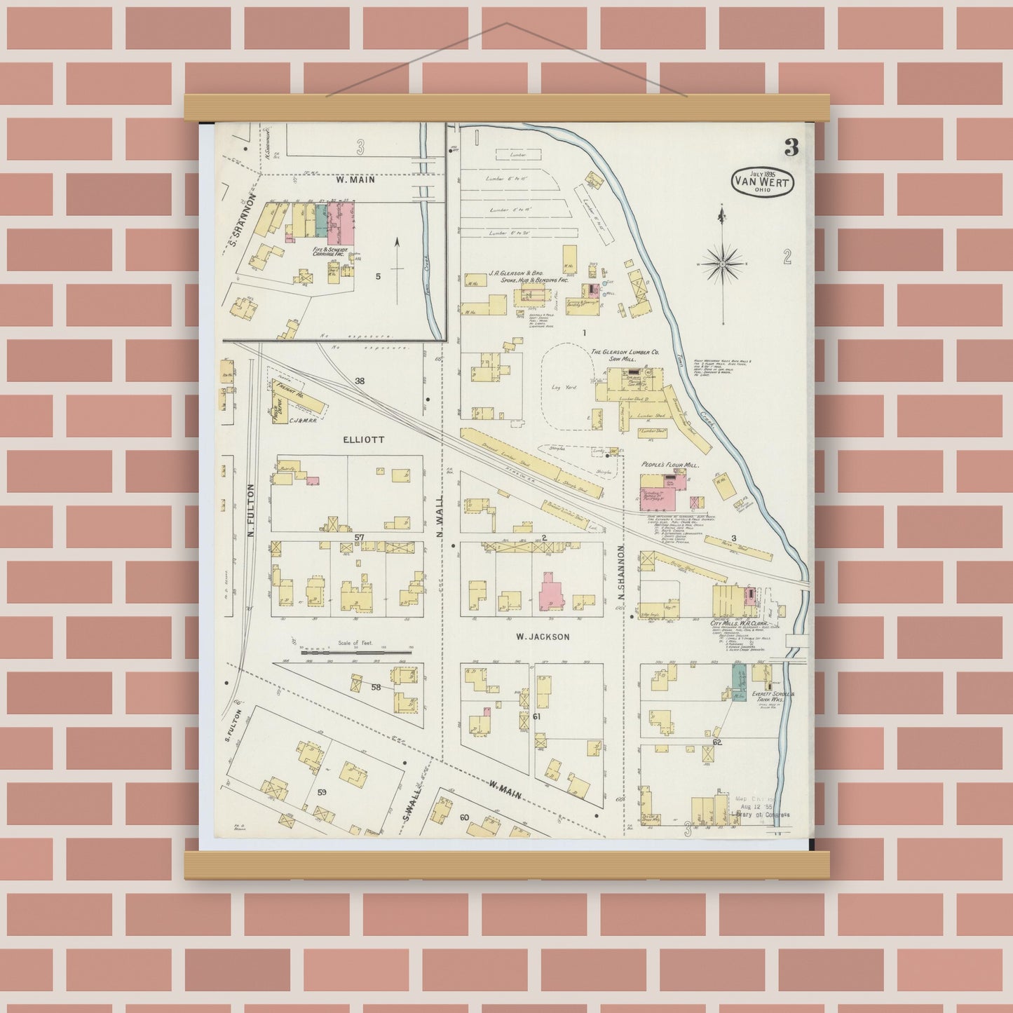 Old map wall art mockup — magnetic wood frame on brick wall — Sanborn Fire Insurance Map from Van Wert, Van Wert County, Ohio (1895), Sheet #0003