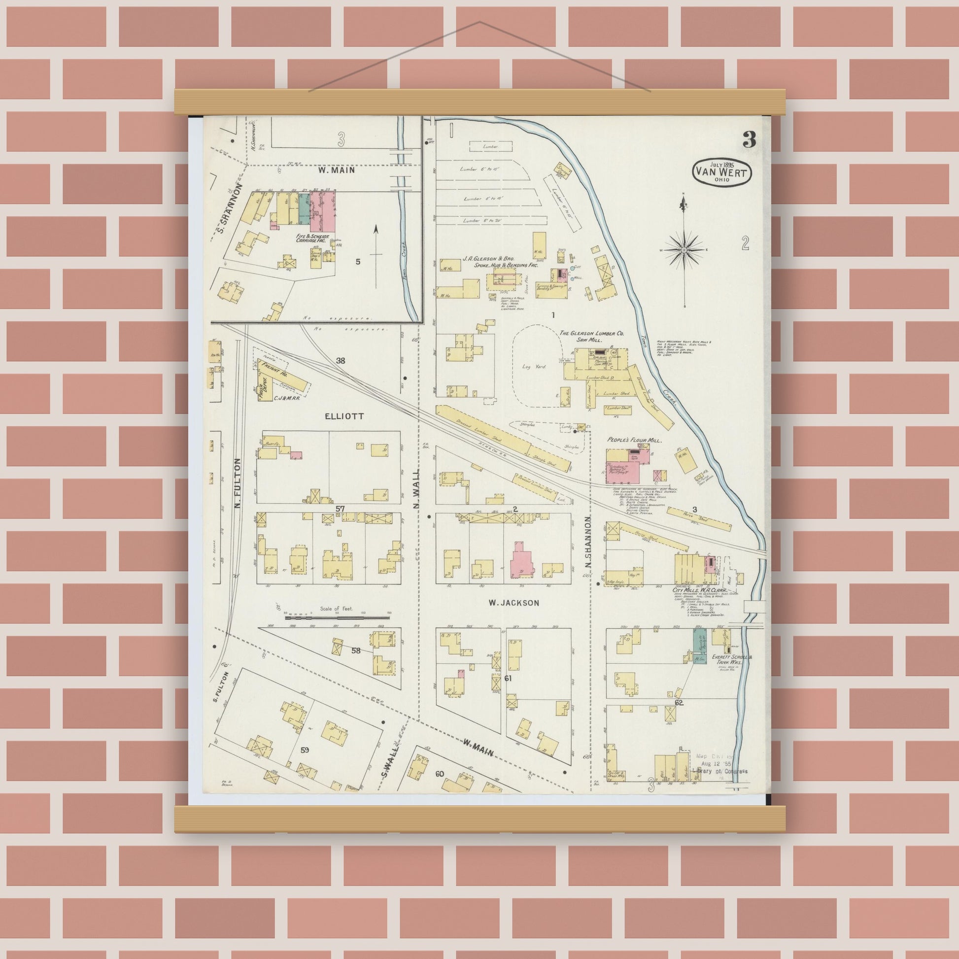 Old map wall art mockup — magnetic wood frame on brick wall — Sanborn Fire Insurance Map from Van Wert, Van Wert County, Ohio (1895), Sheet #0003