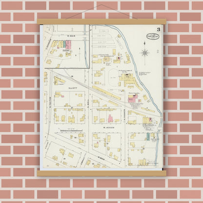 Old map wall art mockup — magnetic wood frame on brick wall — Sanborn Fire Insurance Map from Van Wert, Van Wert County, Ohio (1895), Sheet #0003
