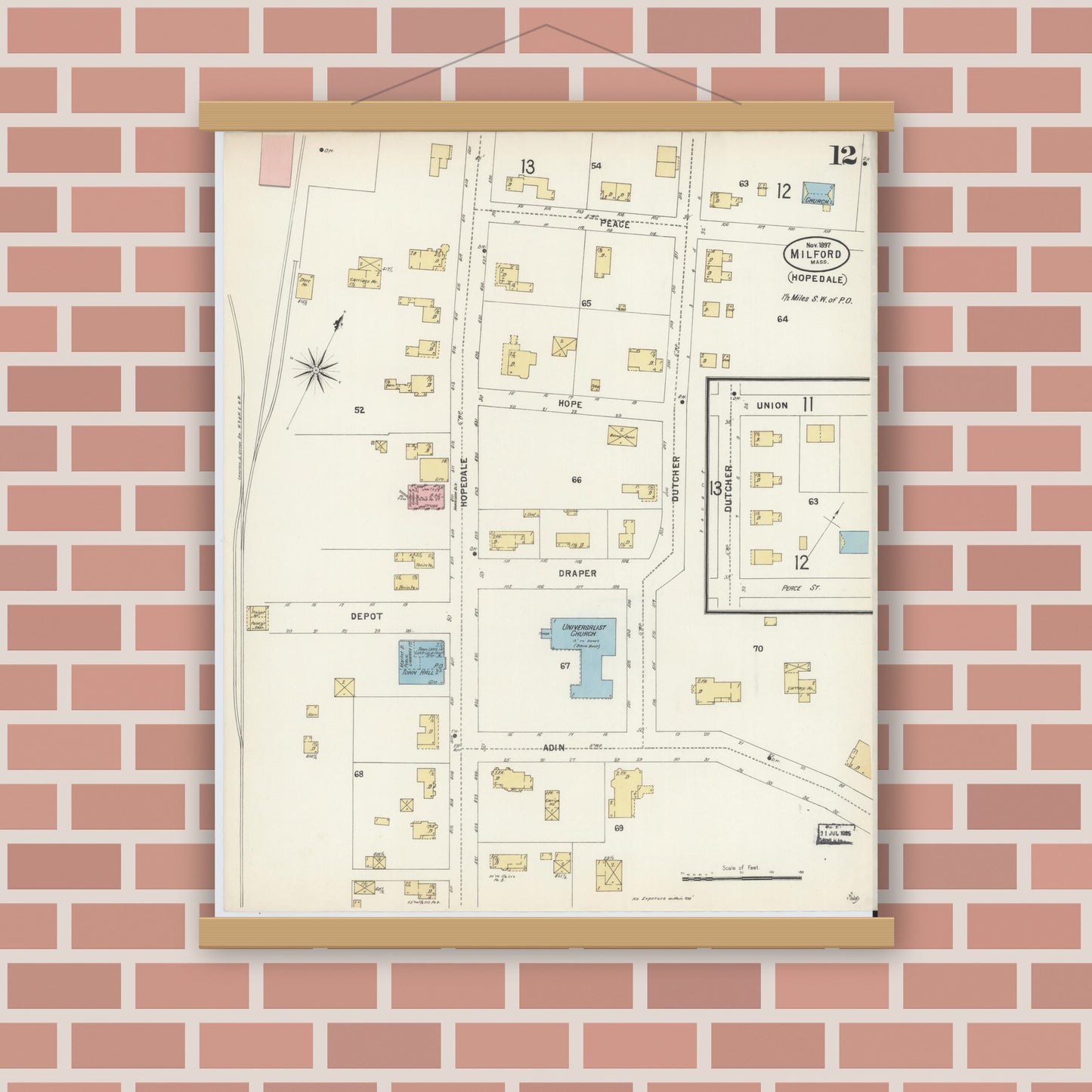 Old map wall art mockup — magnetic wood frame on brick wall — Sanborn Fire Insurance Map from Milford, Worcester County, Massachusetts (1897), Sheet #0012