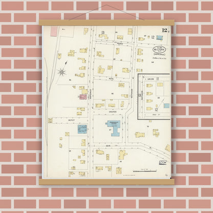 Old map wall art mockup — magnetic wood frame on brick wall — Sanborn Fire Insurance Map from Milford, Worcester County, Massachusetts (1897), Sheet #0012