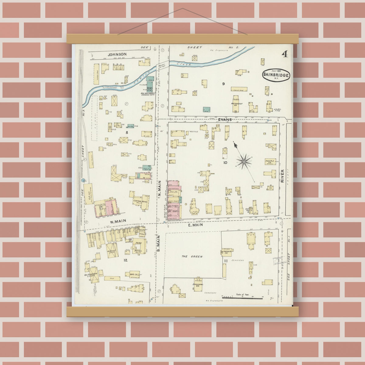 Old map wall art mockup — magnetic wood frame on brick wall — Sanborn Fire Insurance Map from Bainbridge, Chenango County, New York (1891), Sheet #0004