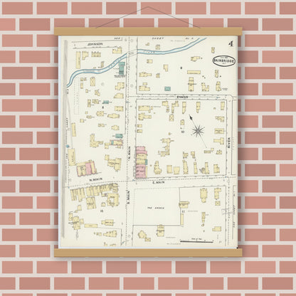 Old map wall art mockup — magnetic wood frame on brick wall — Sanborn Fire Insurance Map from Bainbridge, Chenango County, New York (1891), Sheet #0004