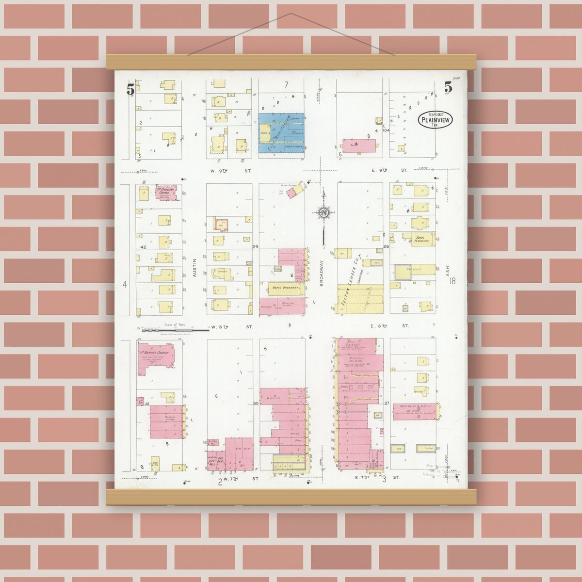 Old map wall art mockup — magnetic wood frame on brick wall — Sanborn Fire Insurance Map from Plainview, Hale County, Texas (1927), Sheet #0005