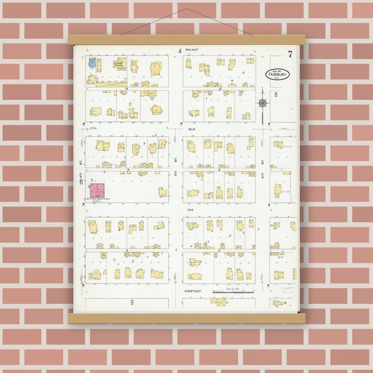 Old map wall art mockup — magnetic wood frame on brick wall — Sanborn Fire Insurance Map from Fairbury, Livingston County, Illinois (1911), Sheet #0007