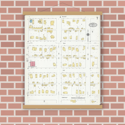 Old map wall art mockup — magnetic wood frame on brick wall — Sanborn Fire Insurance Map from Fairbury, Livingston County, Illinois (1911), Sheet #0007