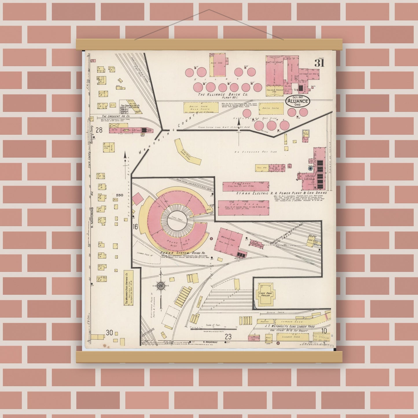 Old map wall art mockup — magnetic wood frame on brick wall — Sanborn Fire Insurance Map from Alliance, Stark County, Ohio (1921), Sheet #0031