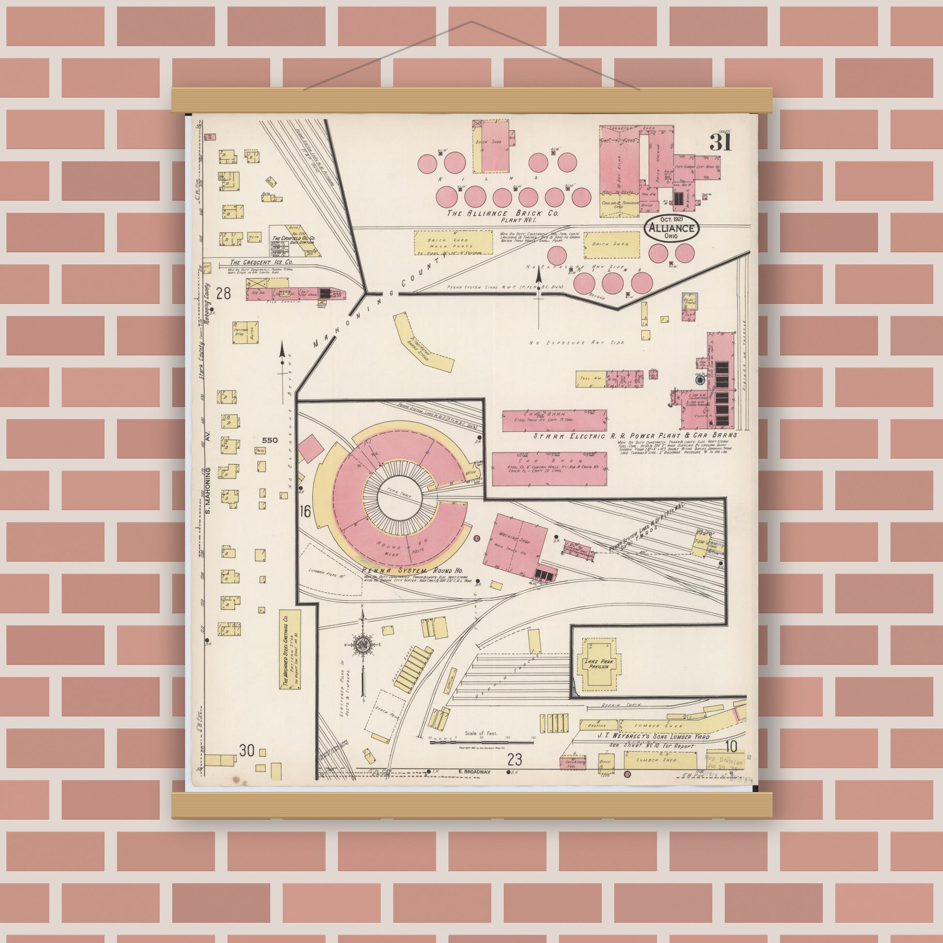 Old map wall art mockup — magnetic wood frame on brick wall — Sanborn Fire Insurance Map from Alliance, Stark County, Ohio (1921), Sheet #0031