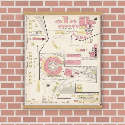 Old map wall art mockup — magnetic wood frame on brick wall — Sanborn Fire Insurance Map from Alliance, Stark County, Ohio (1921), Sheet #0031