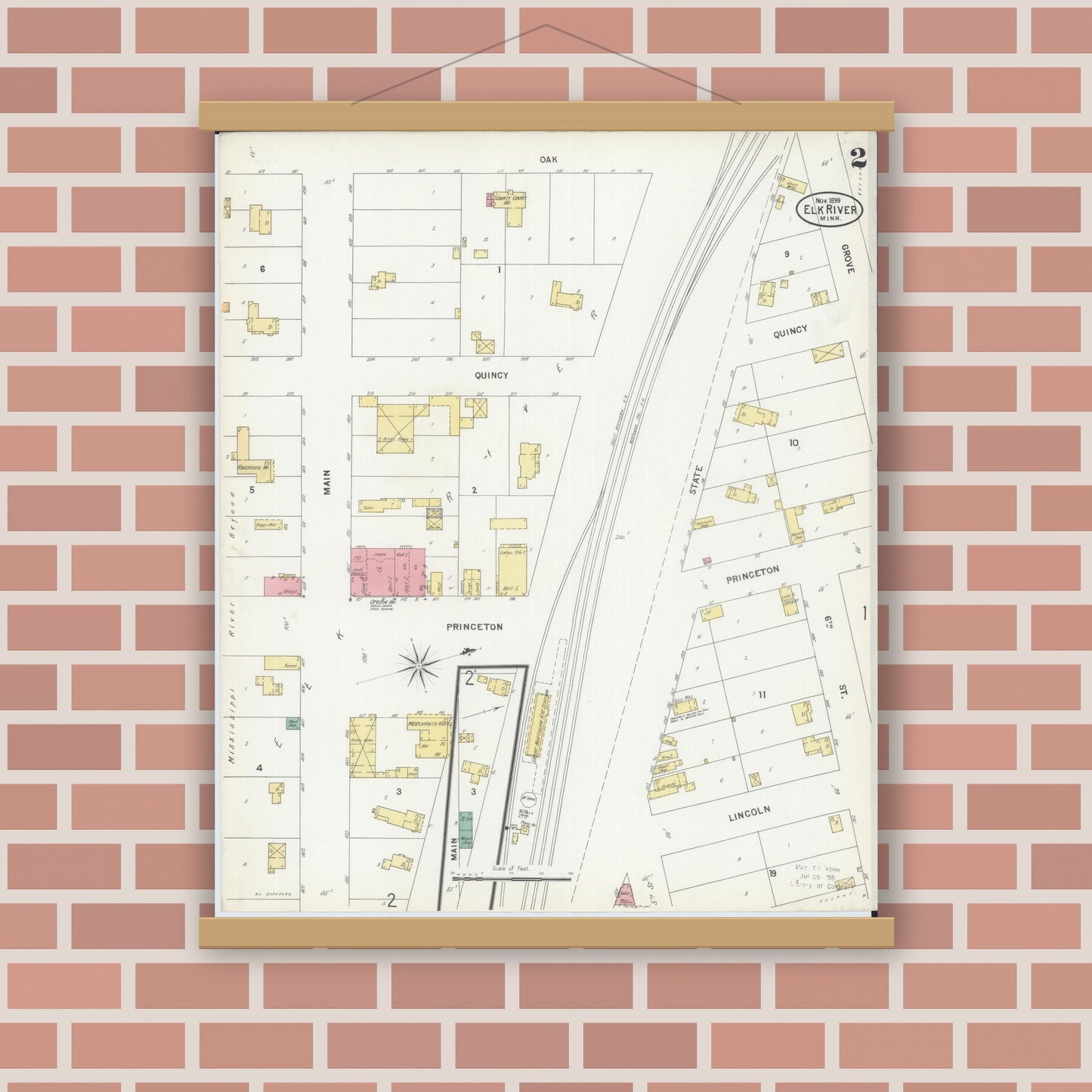 Old map wall art mockup — magnetic wood frame on brick wall — Sanborn Fire Insurance Map from Elk River, Sherburne County, Minnesota (1899), Sheet #0002