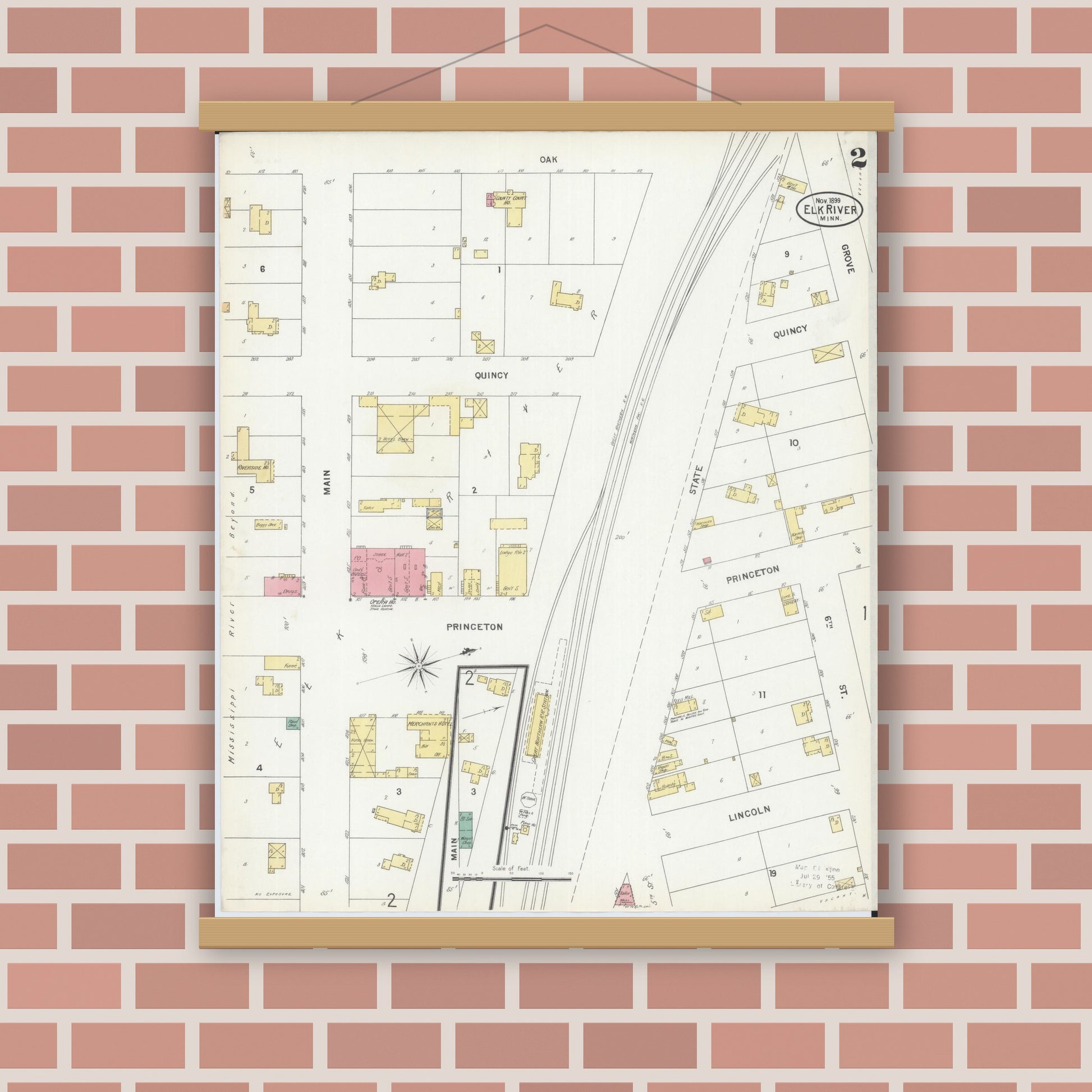 Old map wall art mockup — magnetic wood frame on brick wall — Sanborn Fire Insurance Map from Elk River, Sherburne County, Minnesota (1899), Sheet #0002