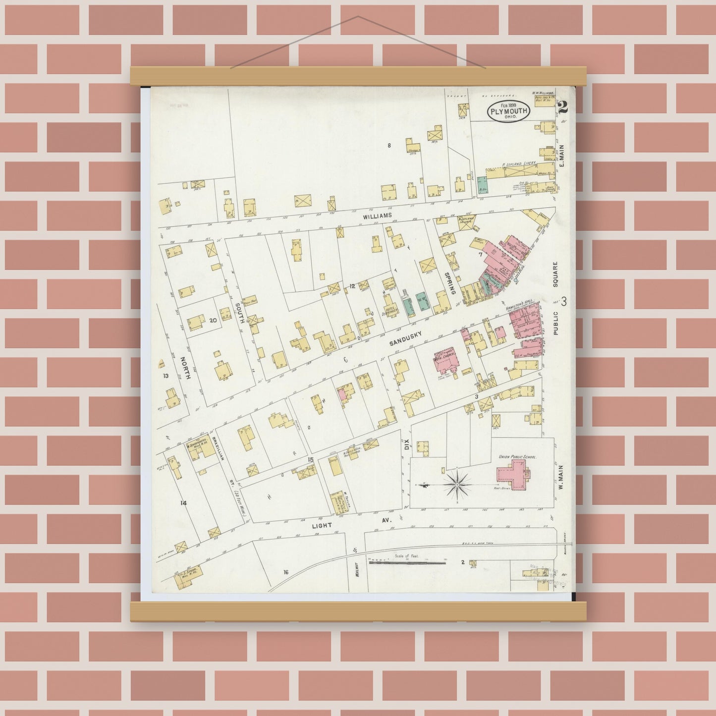 Old map wall art mockup — magnetic wood frame on brick wall — Sanborn Fire Insurance Map from Plymouth, Huron And Richland Counties, Ohio (1899), Sheet #0002