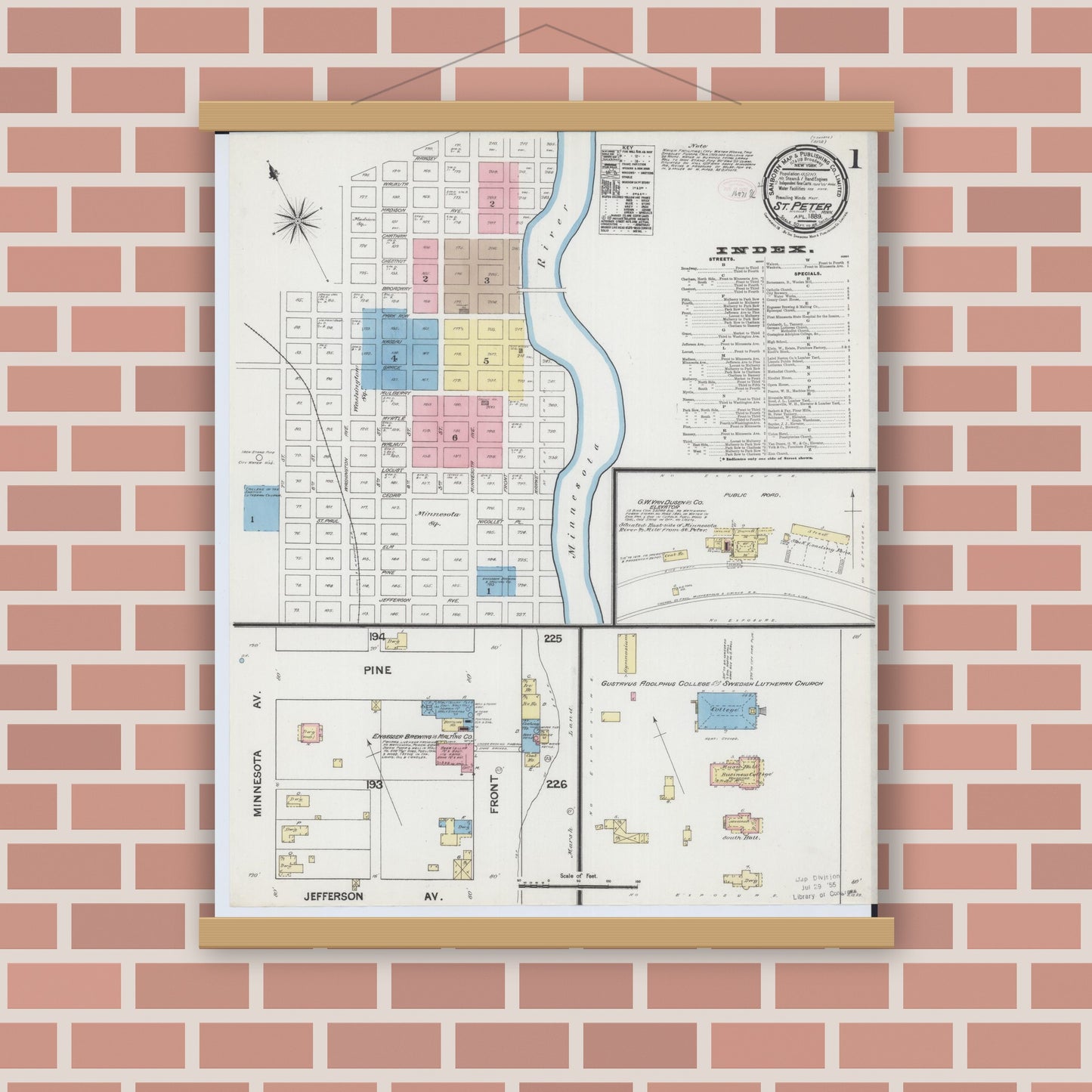 Old map wall art mockup — magnetic wood frame on brick wall — Sanborn Fire Insurance Map from Saint Peter, Nicollet County, Minnesota (1889) - Complete Map Set