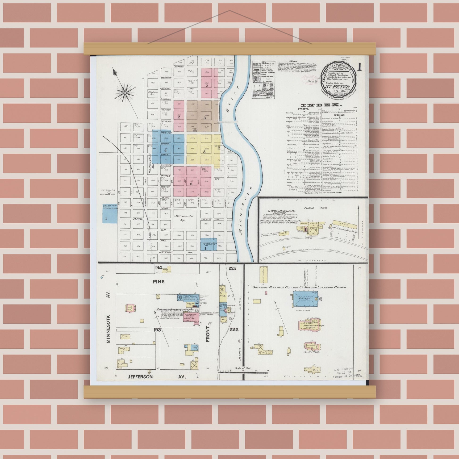 Old map wall art mockup — magnetic wood frame on brick wall — Sanborn Fire Insurance Map from Saint Peter, Nicollet County, Minnesota (1889) - Complete Map Set