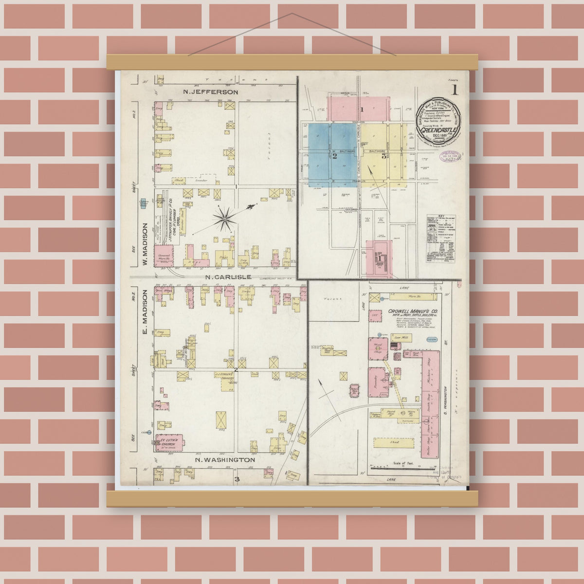 Old map wall art mockup — magnetic wood frame on brick wall — Sanborn Fire Insurance Map from Greencastle, Franklin County, Pennsylvania (1885) - Complete Map Set