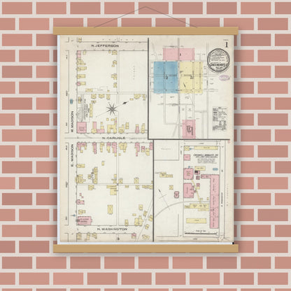 Old map wall art mockup — magnetic wood frame on brick wall — Sanborn Fire Insurance Map from Greencastle, Franklin County, Pennsylvania (1885) - Complete Map Set