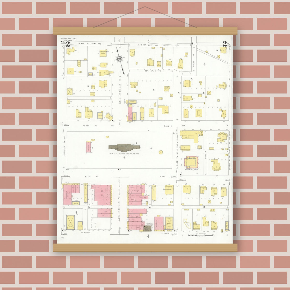 Old map wall art mockup — magnetic wood frame on brick wall — Sanborn Fire Insurance Map from Groveton, Trinity County, Texas (1933), Sheet #0002