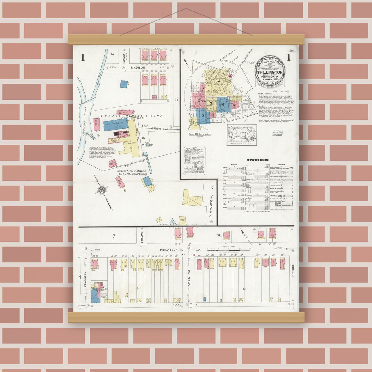 Old map wall art mockup — magnetic wood frame on brick wall — Sanborn Fire Insurance Map from Shillington, Berks County, Pennsylvania (1928) - Complete Map Set