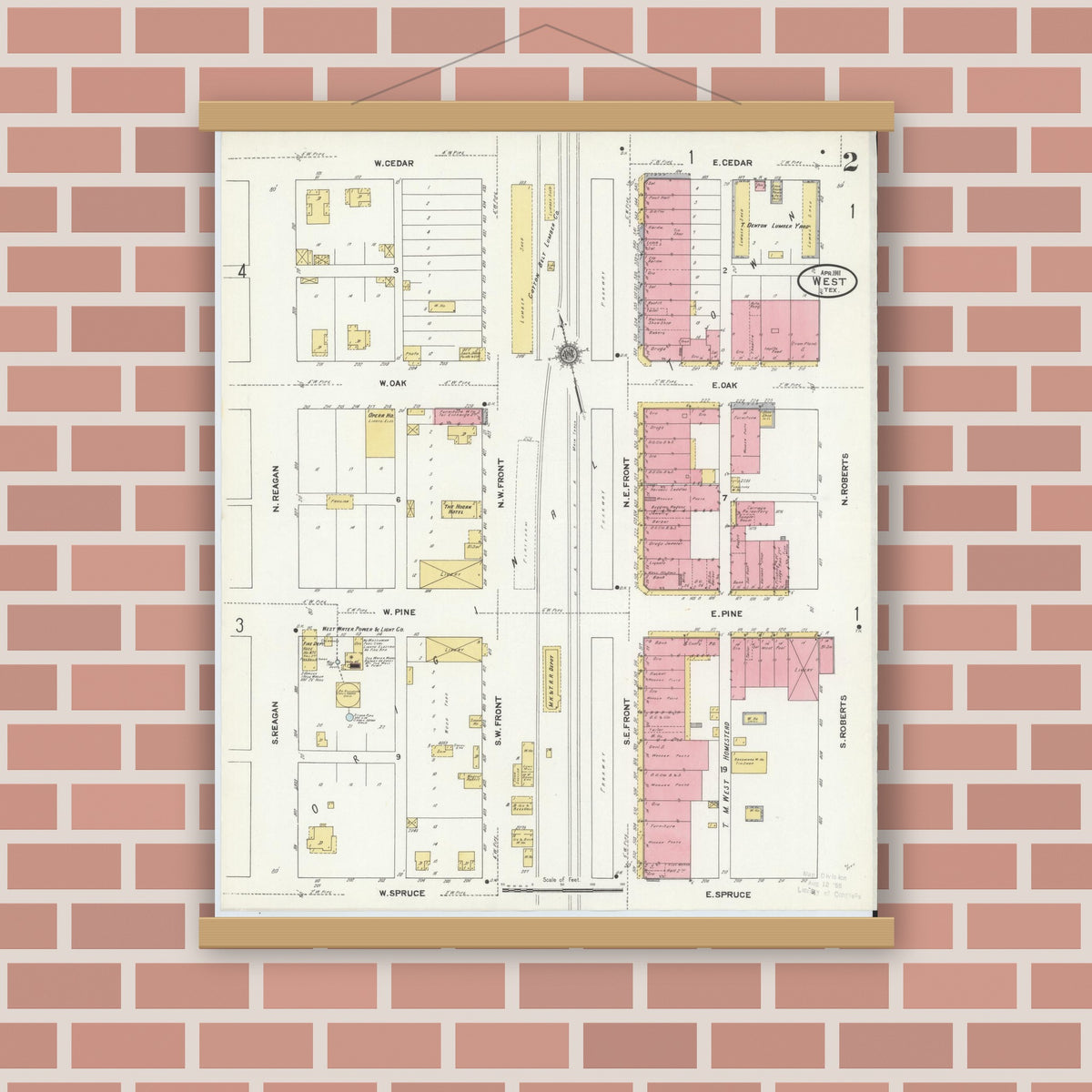 Old map wall art mockup — magnetic wood frame on brick wall — Sanborn Fire Insurance Map from West, McLennan County, Texas (1911), Sheet #0002