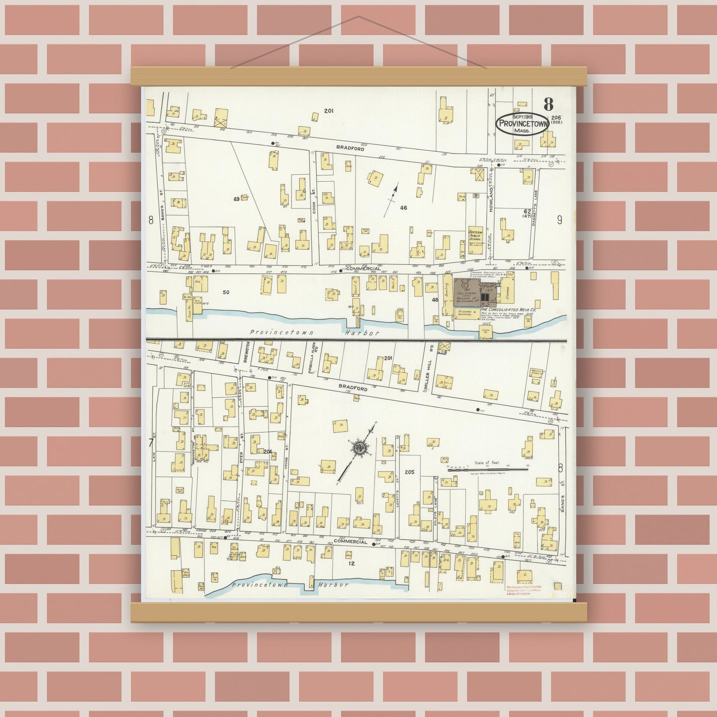 Old map wall art mockup — magnetic wood frame on brick wall — Sanborn Fire Insurance Map from Provincetown, Barnstable County, Massachusetts (1919), Sheet #0008