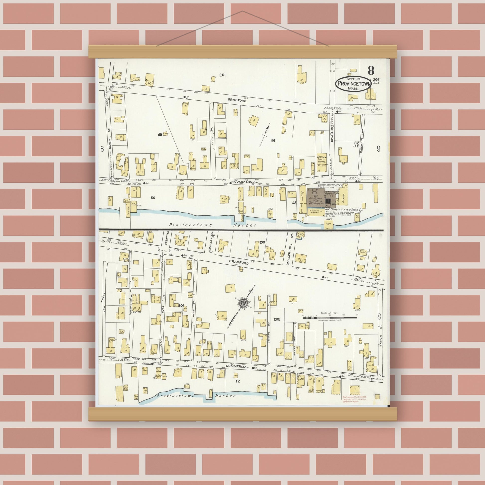Old map wall art mockup — magnetic wood frame on brick wall — Sanborn Fire Insurance Map from Provincetown, Barnstable County, Massachusetts (1919), Sheet #0008
