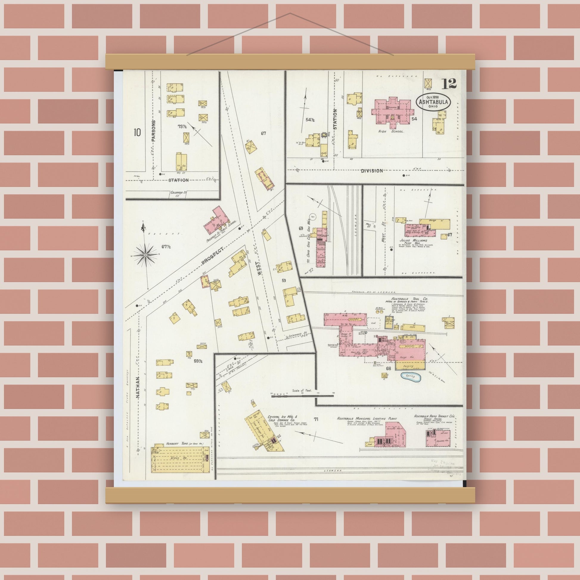 Old map wall art mockup — magnetic wood frame on brick wall — Sanborn Fire Insurance Map from Ashtabula, Ashtabula County, Ohio (1898), Sheet #0012
