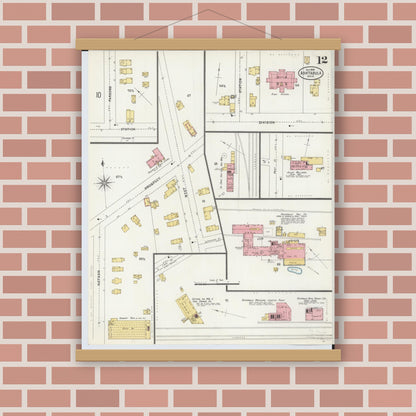 Old map wall art mockup — magnetic wood frame on brick wall — Sanborn Fire Insurance Map from Ashtabula, Ashtabula County, Ohio (1898), Sheet #0012